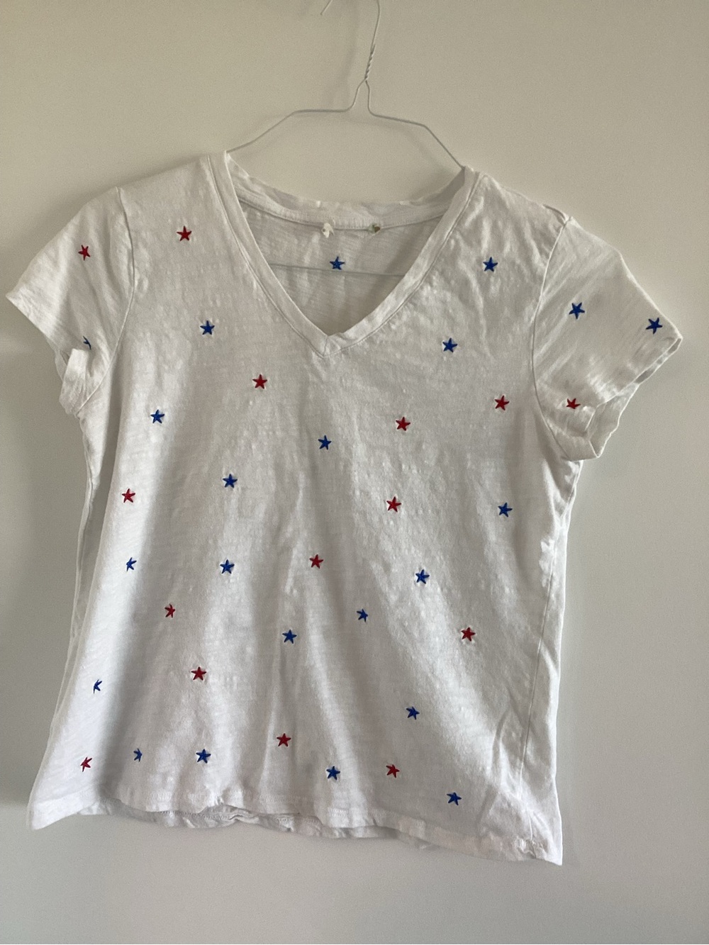 White V-Neck Tee with Red & Blue Star Embroidery